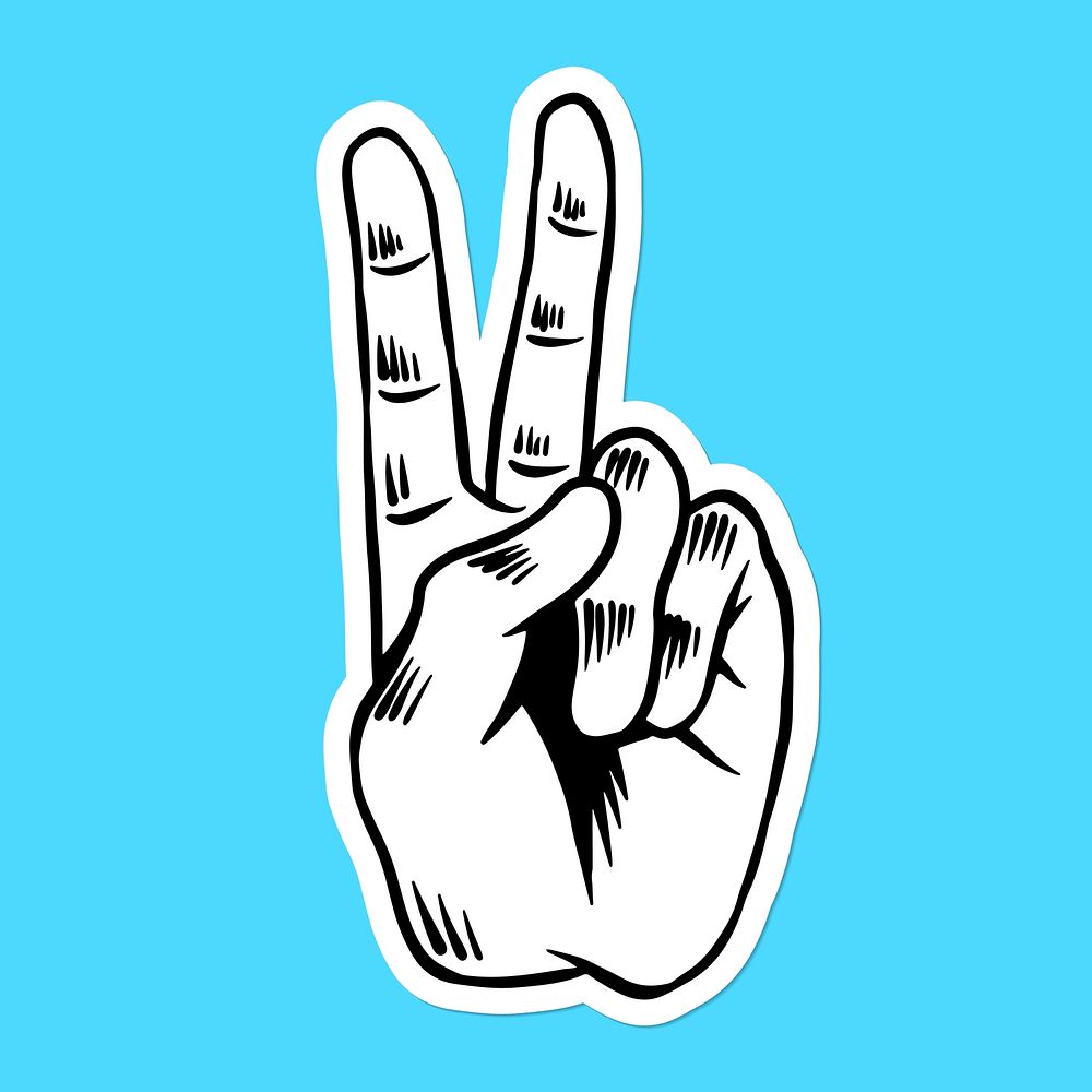 Cool pop art victory hand sign sticker with a white border on a blue background vector