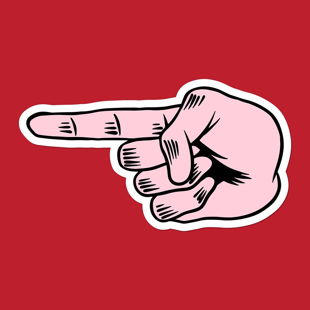 Cool pop art pointing finger sticker with a white border on a red background vector