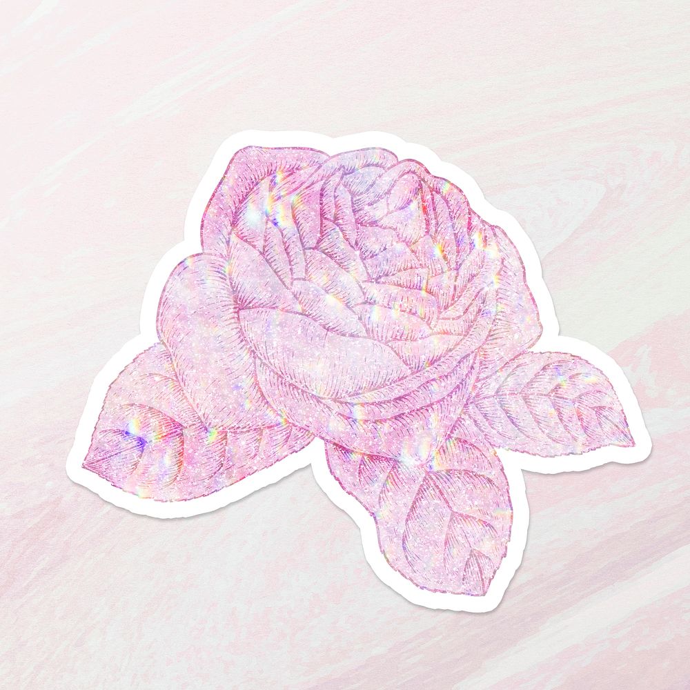 Pink holographic rose sticker overlay with a white border design resource