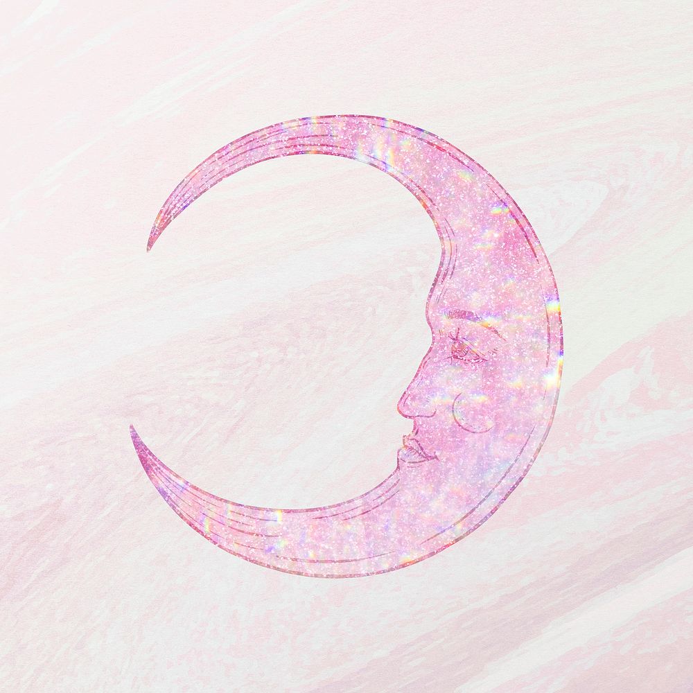 Pink holographic crescent moon sticker overlay design resource 