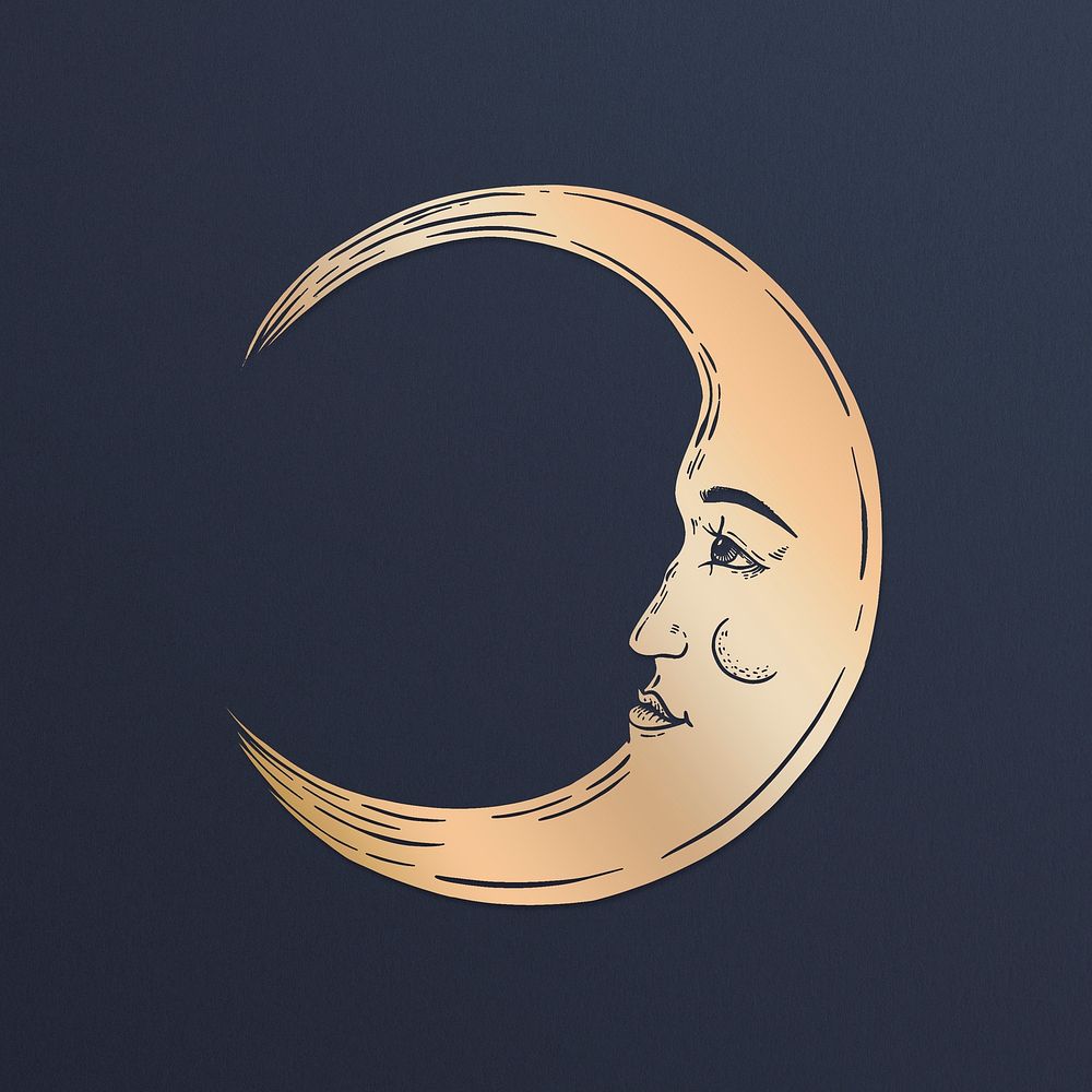 Golden crescent moon face sticker overlay design resource 