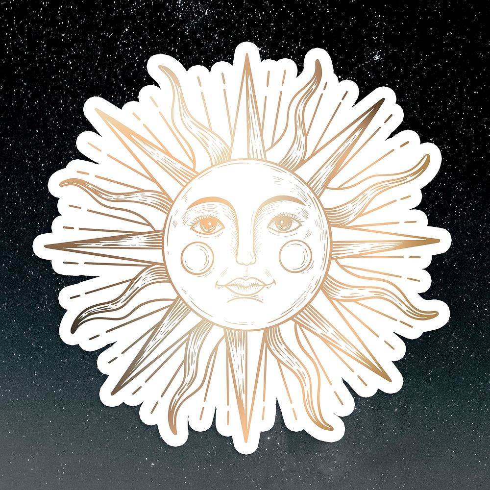 Golden sun with a face sticker overlay with a white border design resource