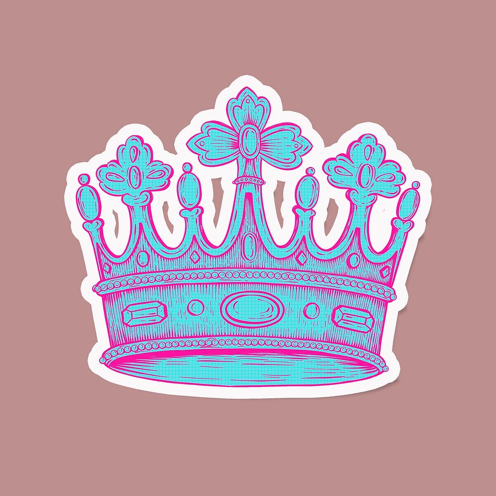 Funky neon crown sticker overlay with a white border on a dusty rose background