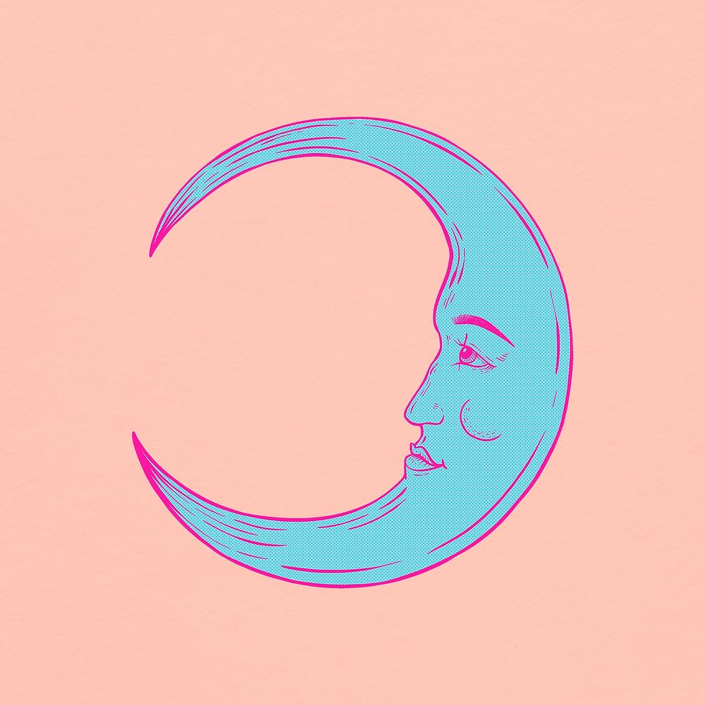 Teal green crescent moon face sticker overlay on a pink background 