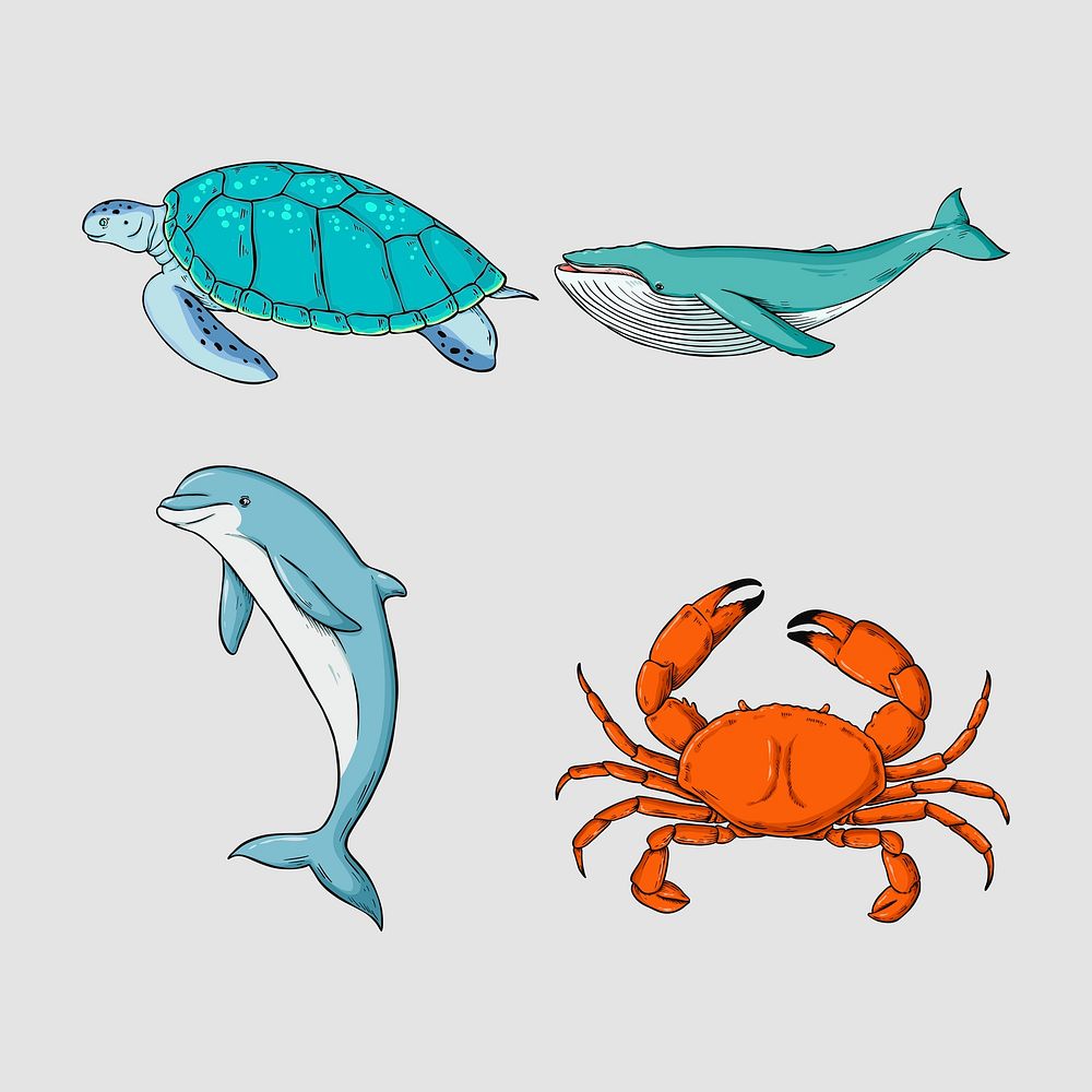 Psd hand drawn sea animal sticker colorful set cartoon illustration