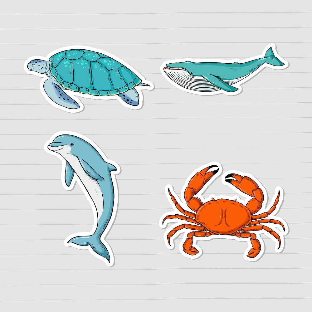 Psd hand drawn marine animal sticker colorful set illustration