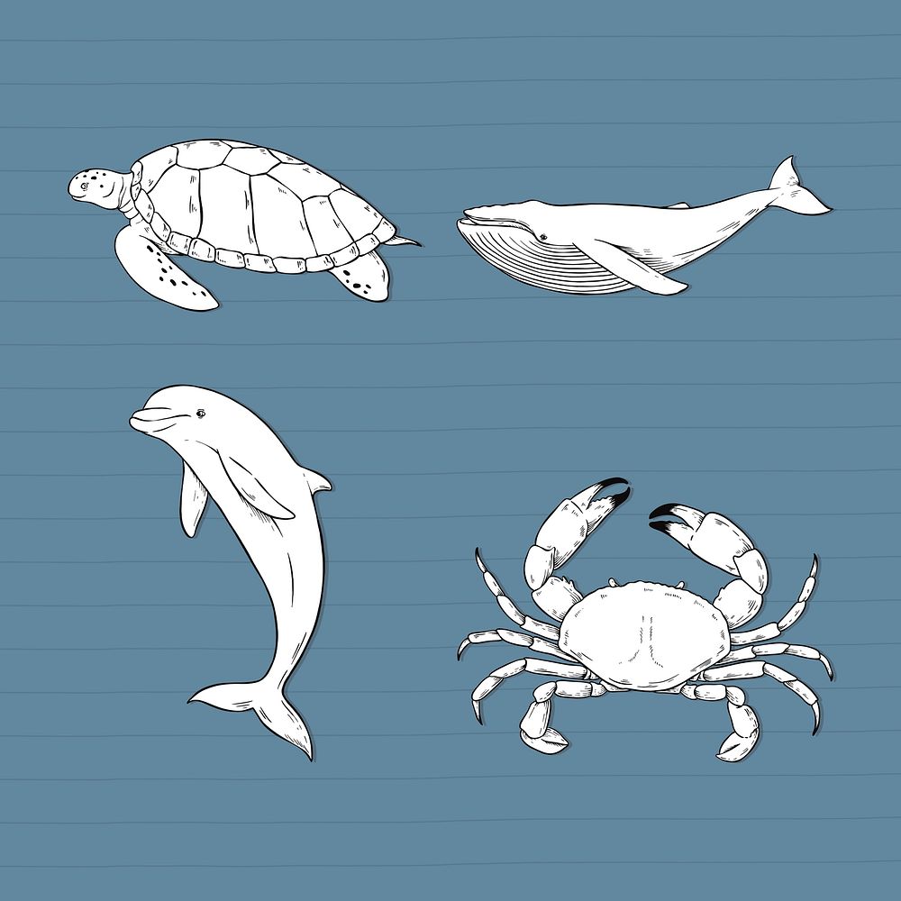 Psd hand drawn sea animal sticker black and white set cartoon illustration