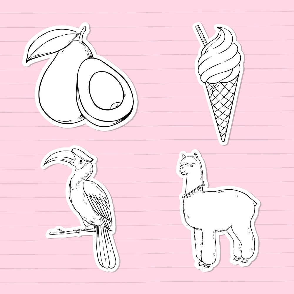 Vector food and wildlife sticker black and white set