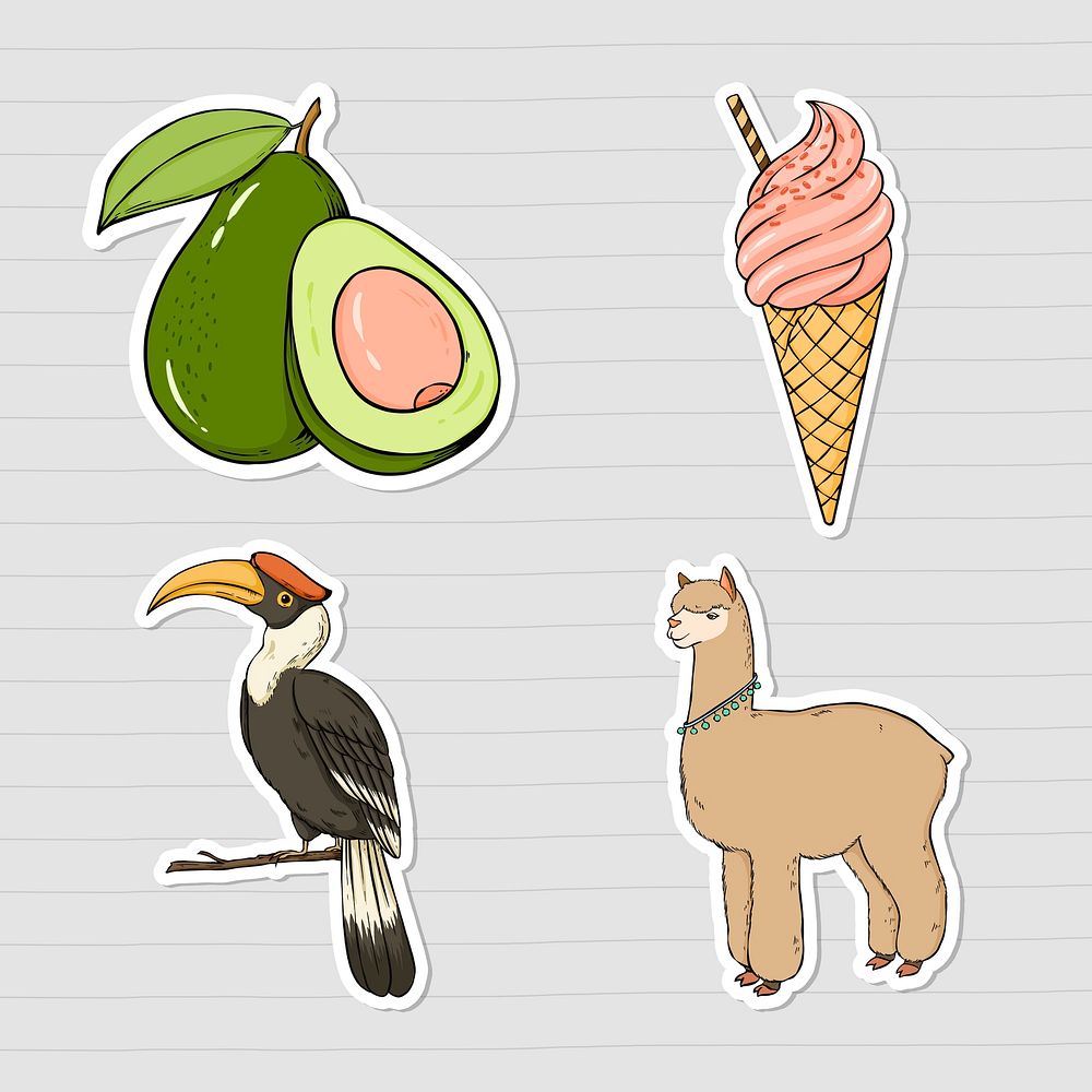 Psd animal and food colorful vintage sticker set
