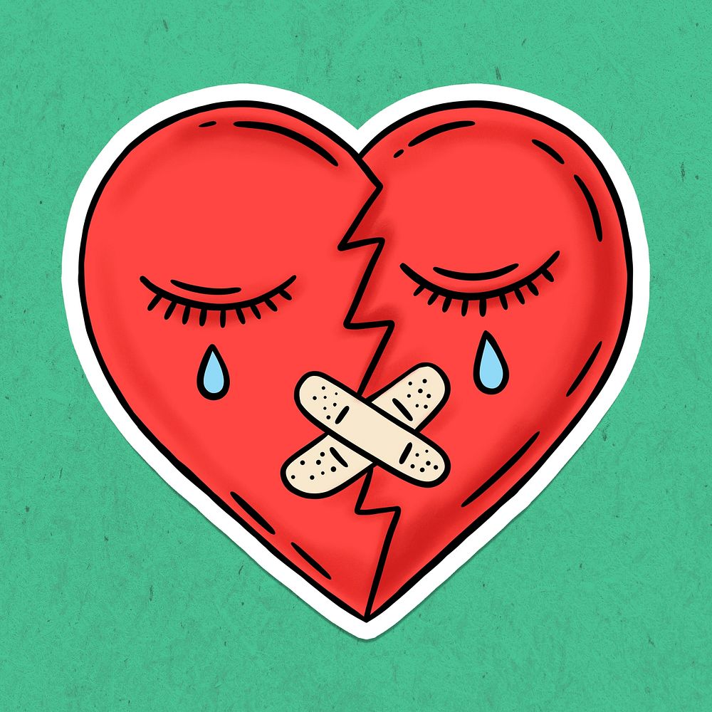 Heart with a crying face sticker with a white border