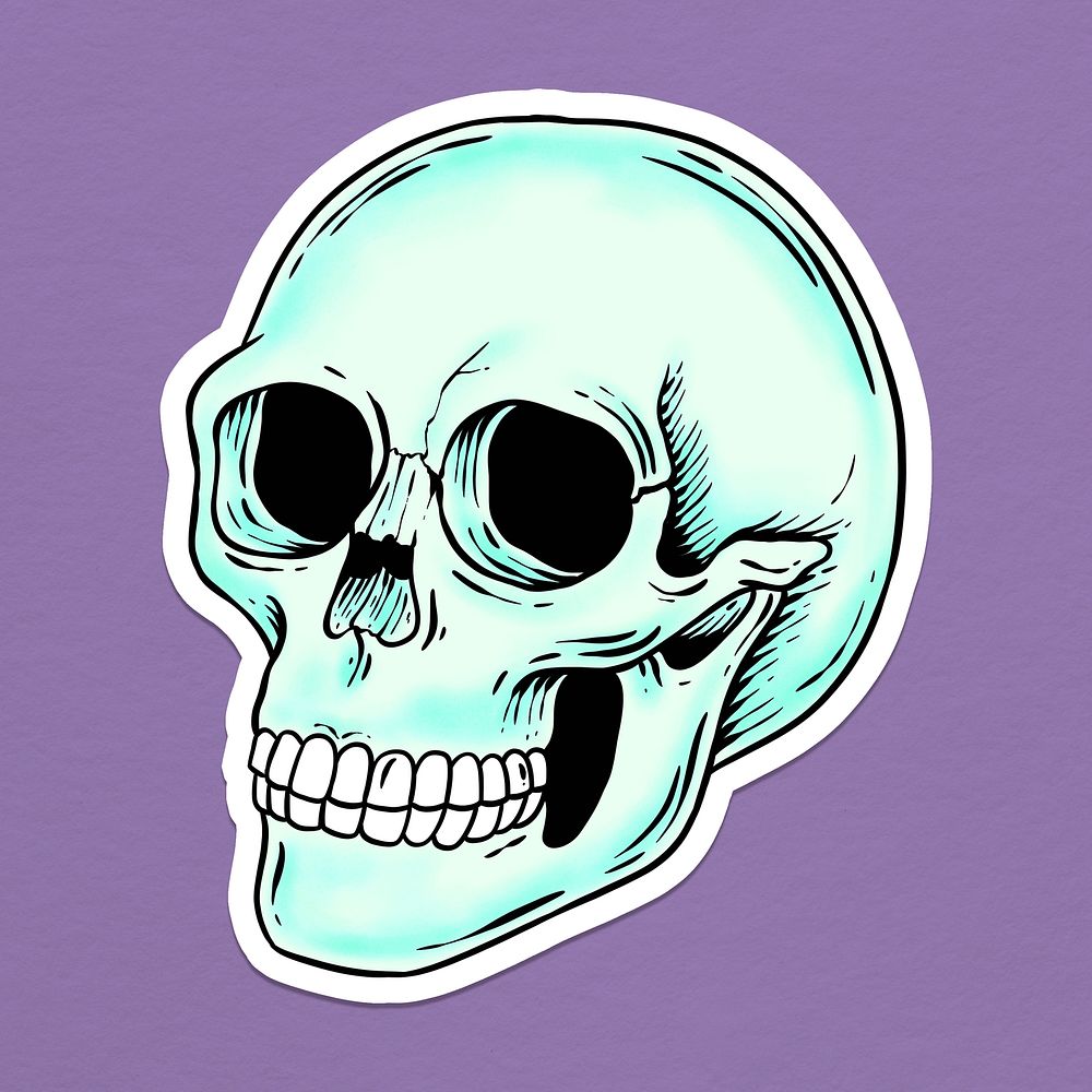 Neon blue skull sticker with a white border