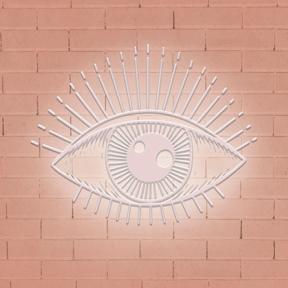 Pink neon evil eye sticker overlay on a brick wall