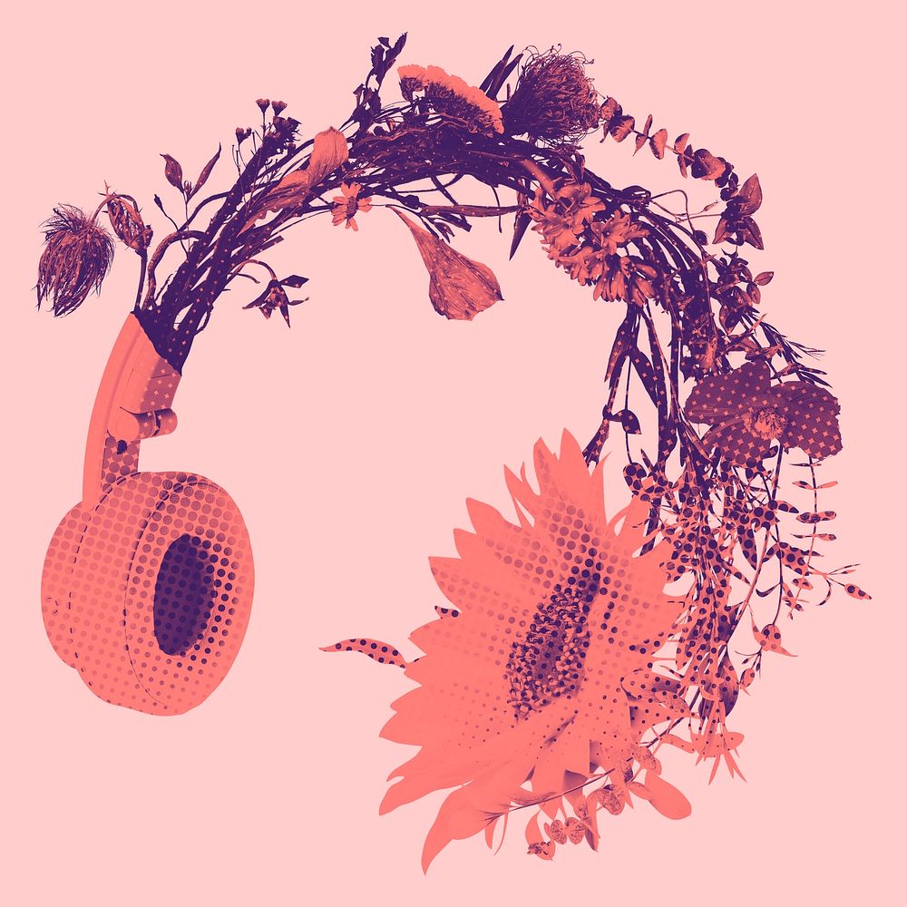 Pink blooming flower headphones design resource