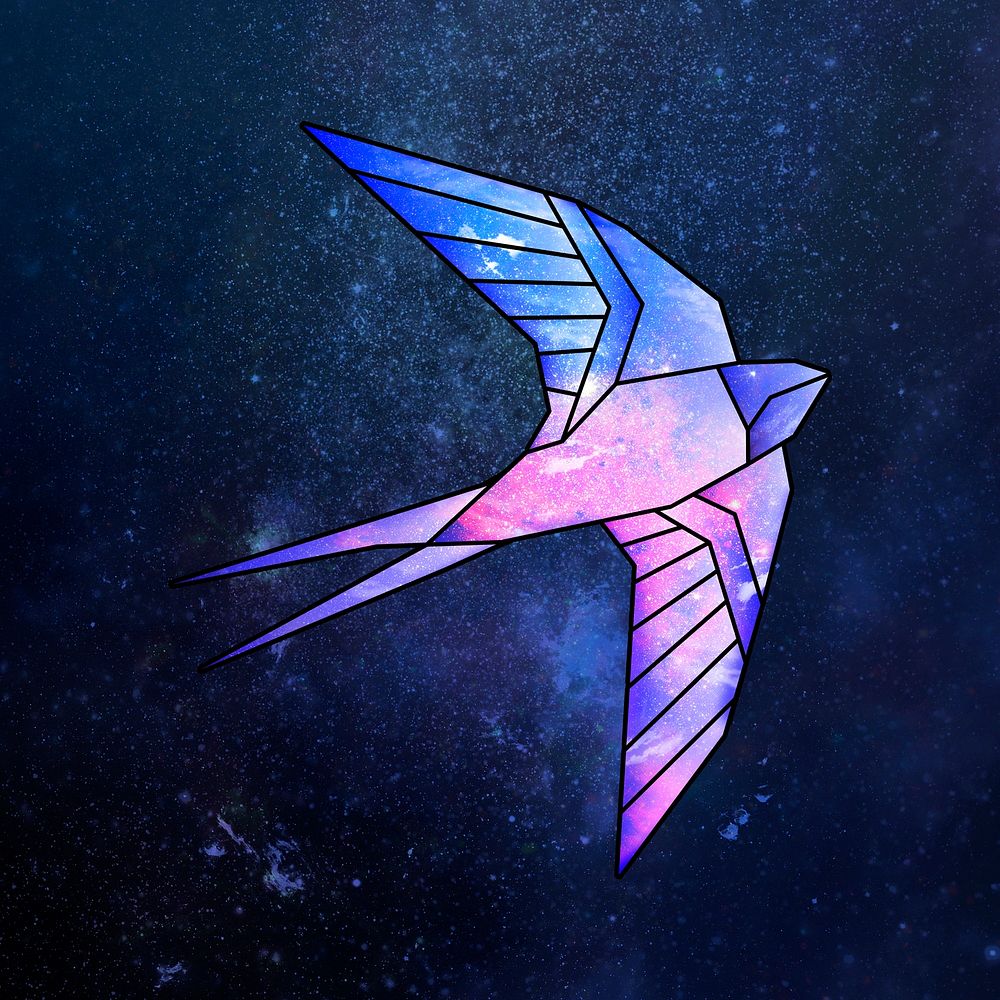 Purple galaxy patterned geometrical shaped flying bird sticker design element