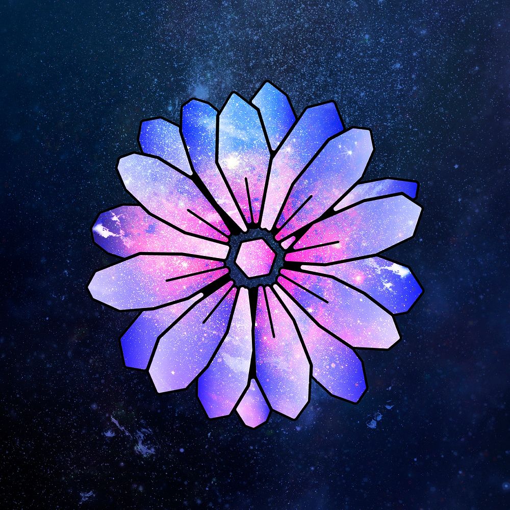 Purple galaxy patterned geometrical shaped daisy flower sticker design element