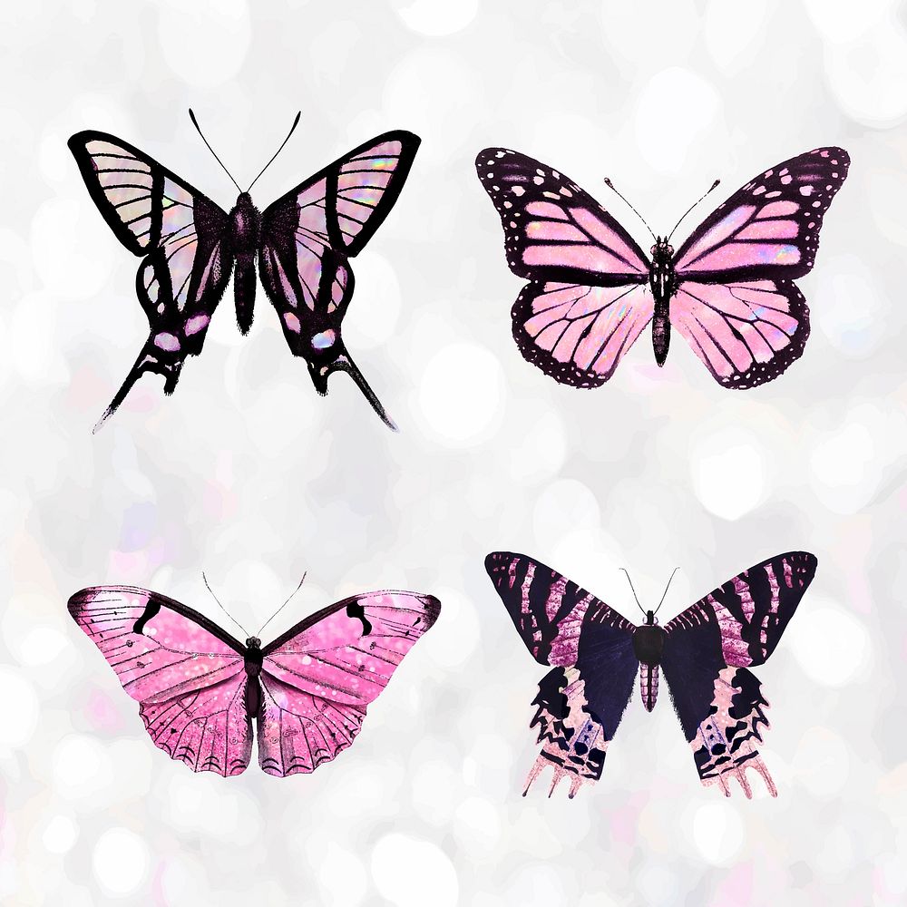 Pink holographic and glittery butterfly design element set vector