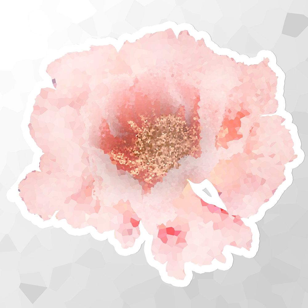 Crystallized peony flower sticker overlay with a white border illustration