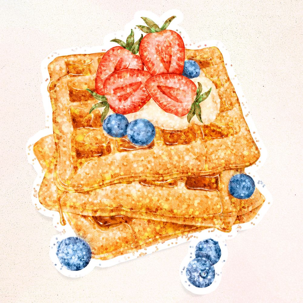 Glittery waffles topped with berries sticker overlay with a white border design resource