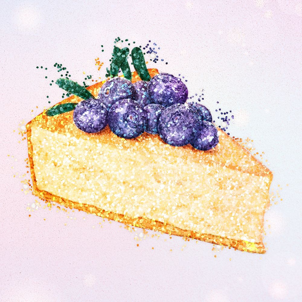Glittery sliced blueberry cheesecake sticker overlay on a pastel purple background 