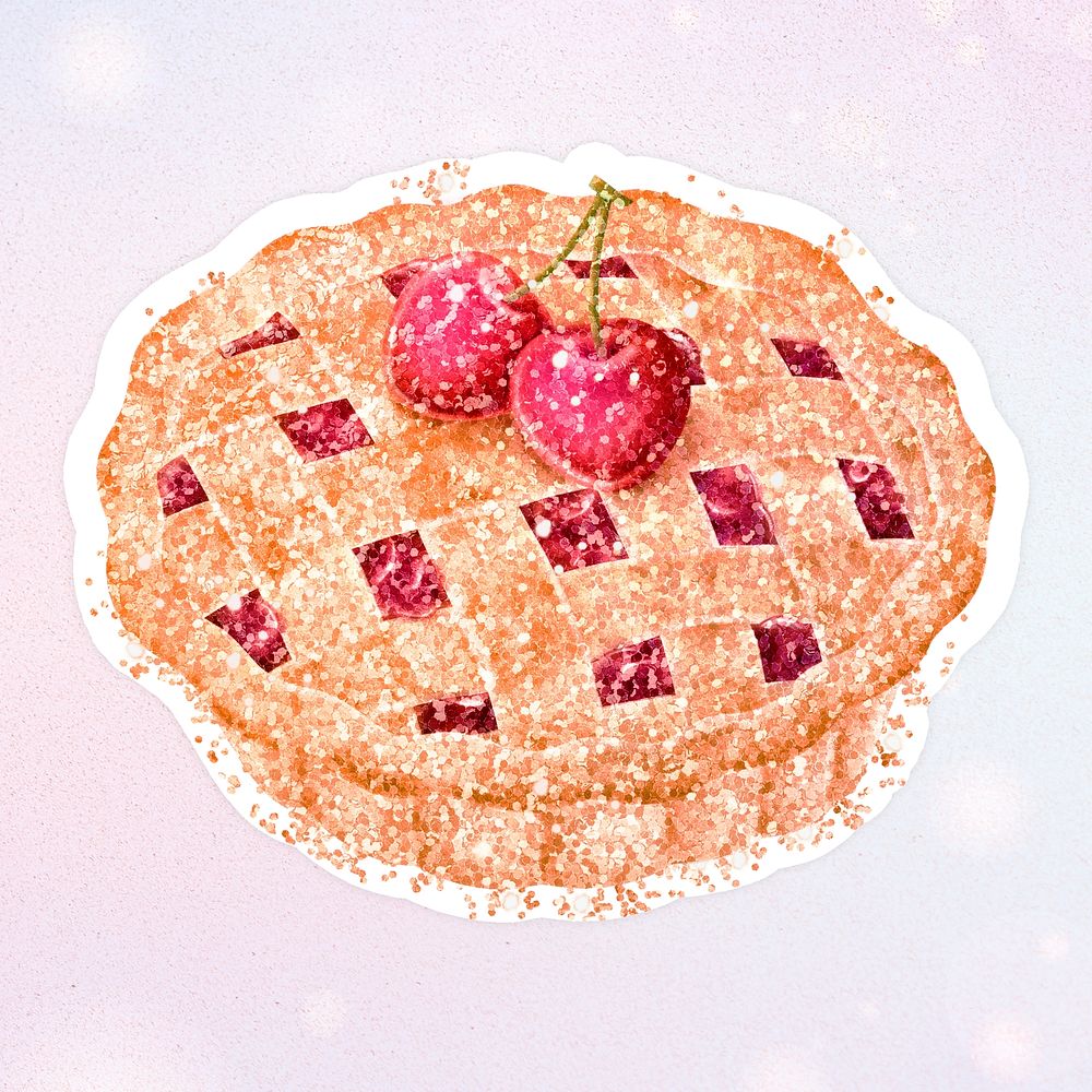 Glittery cherry pie sticker overlay on a pastel purple background 