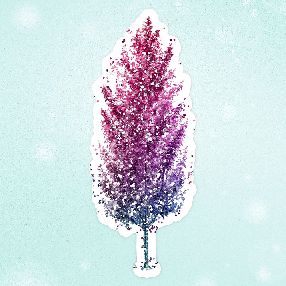 Glittery purple spruce tree sticker overlay on a mint green background 