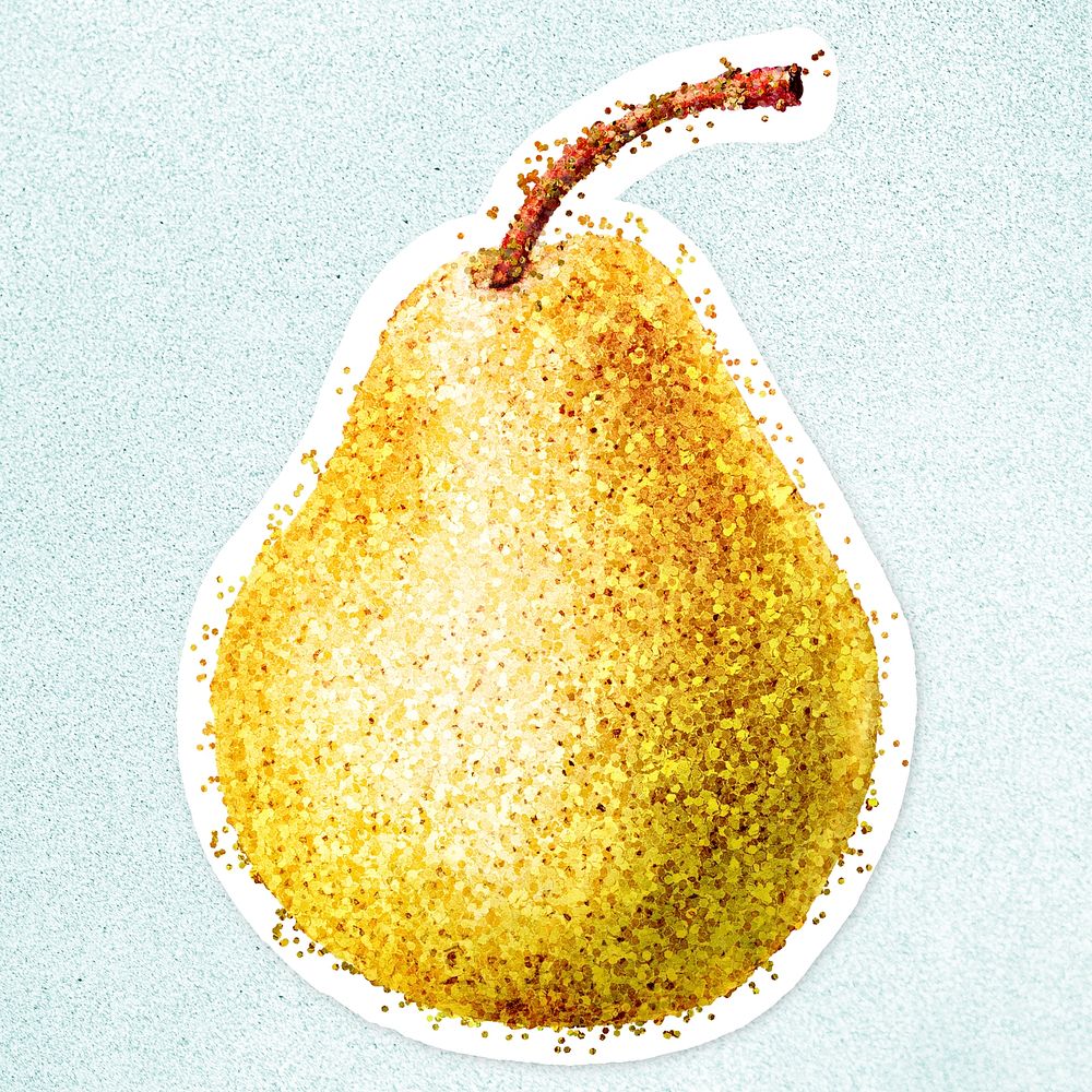 Glittery pear fruit sticker overlay with a white border design resource