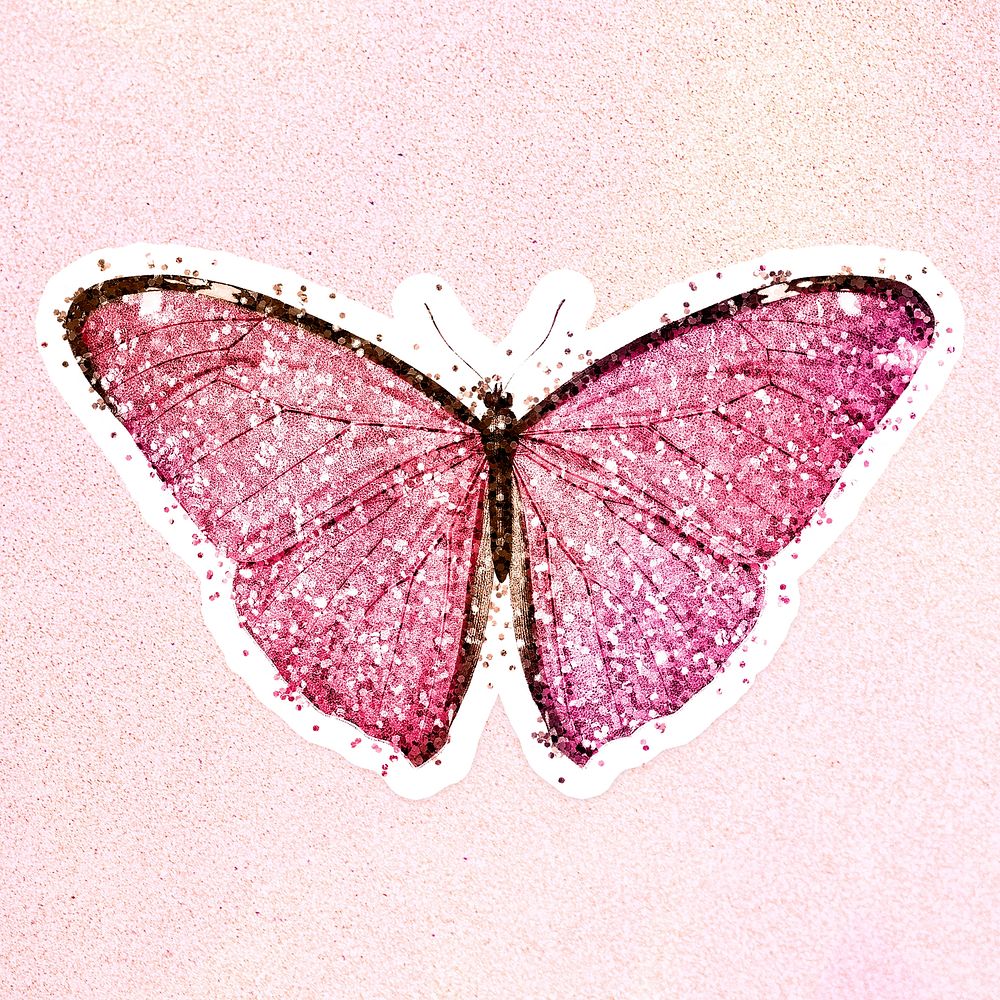 Glitter pink butterfly sticker with white border