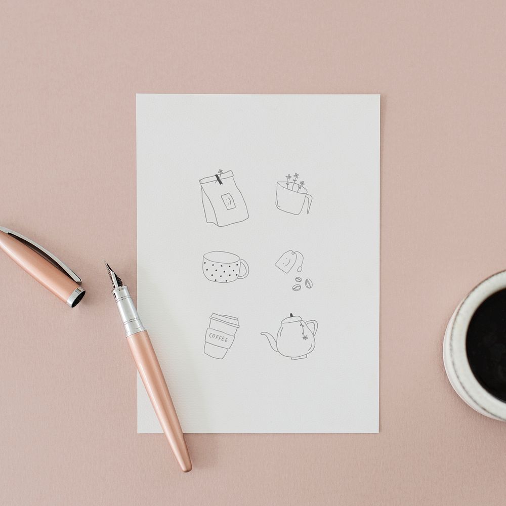 Cute coffee doodle elements on a white paper mockup