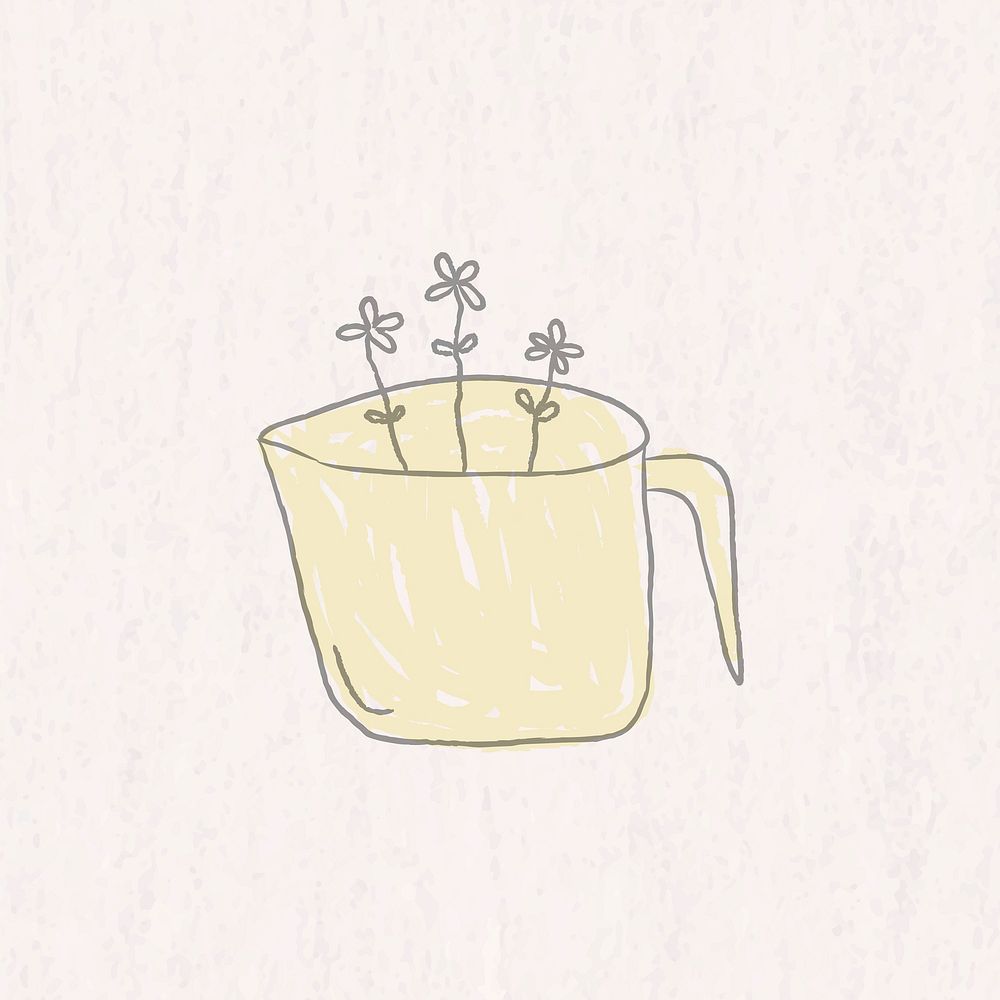 Cute flowers in a yellow coffee cup doodle style vector