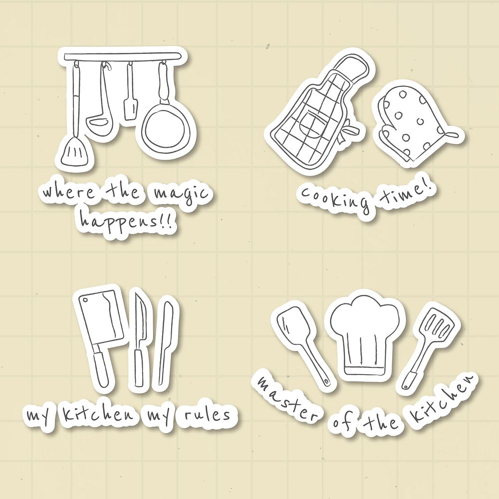 Cute kitchen utensils doodle stickers set vector