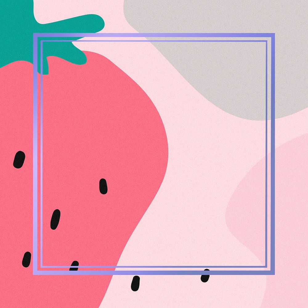 Violet square psd frame with a strawberry on pink illustration