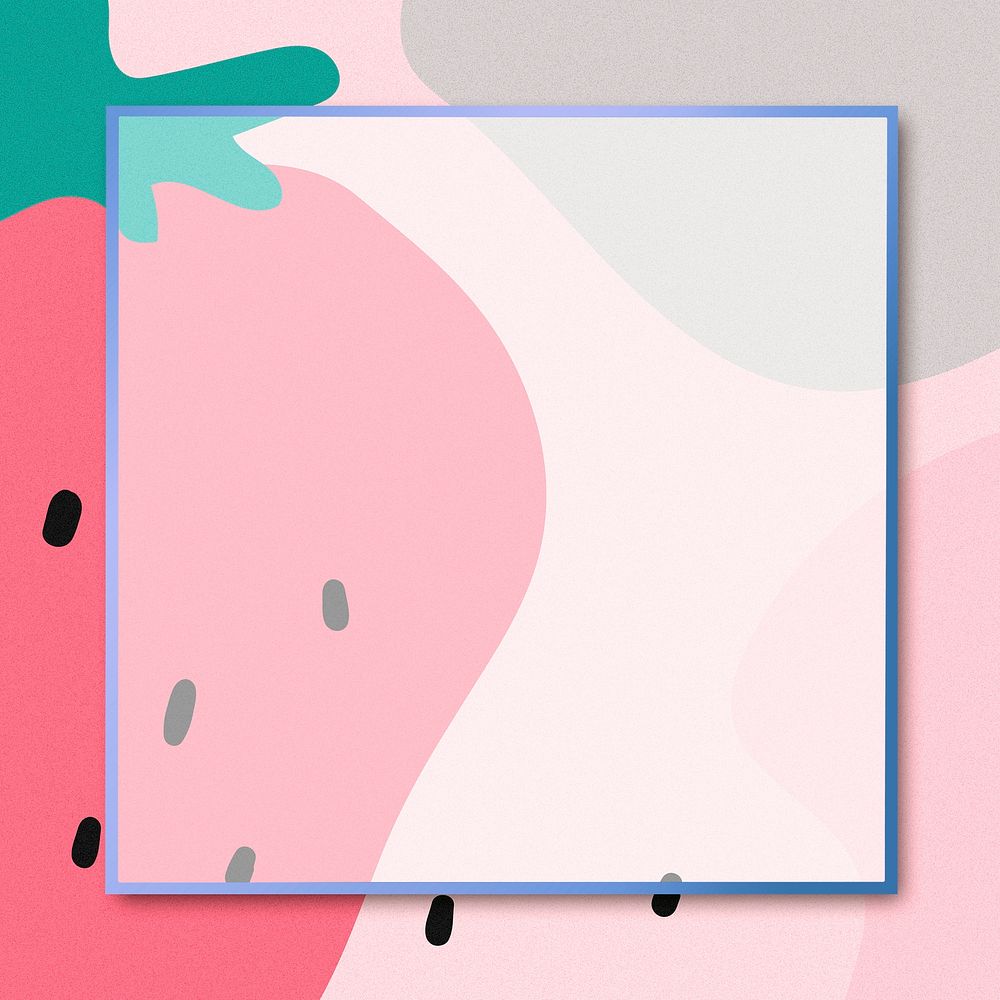Violet square psd frame with a strawberry on pink illustration