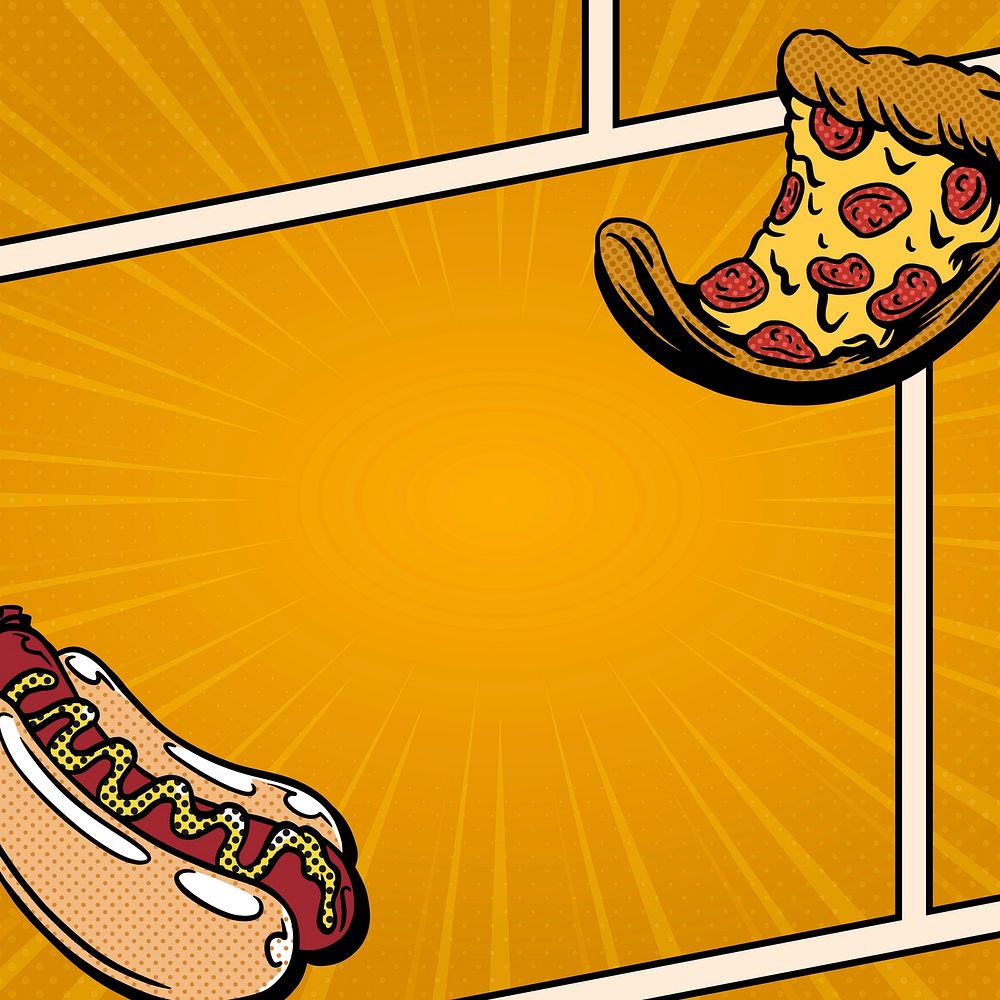 Pop art hotdog and pizza comic strip template vector