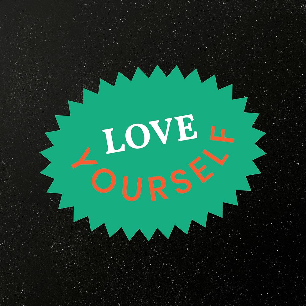 Psd love yourself word colorful vintage sticker spiky shape