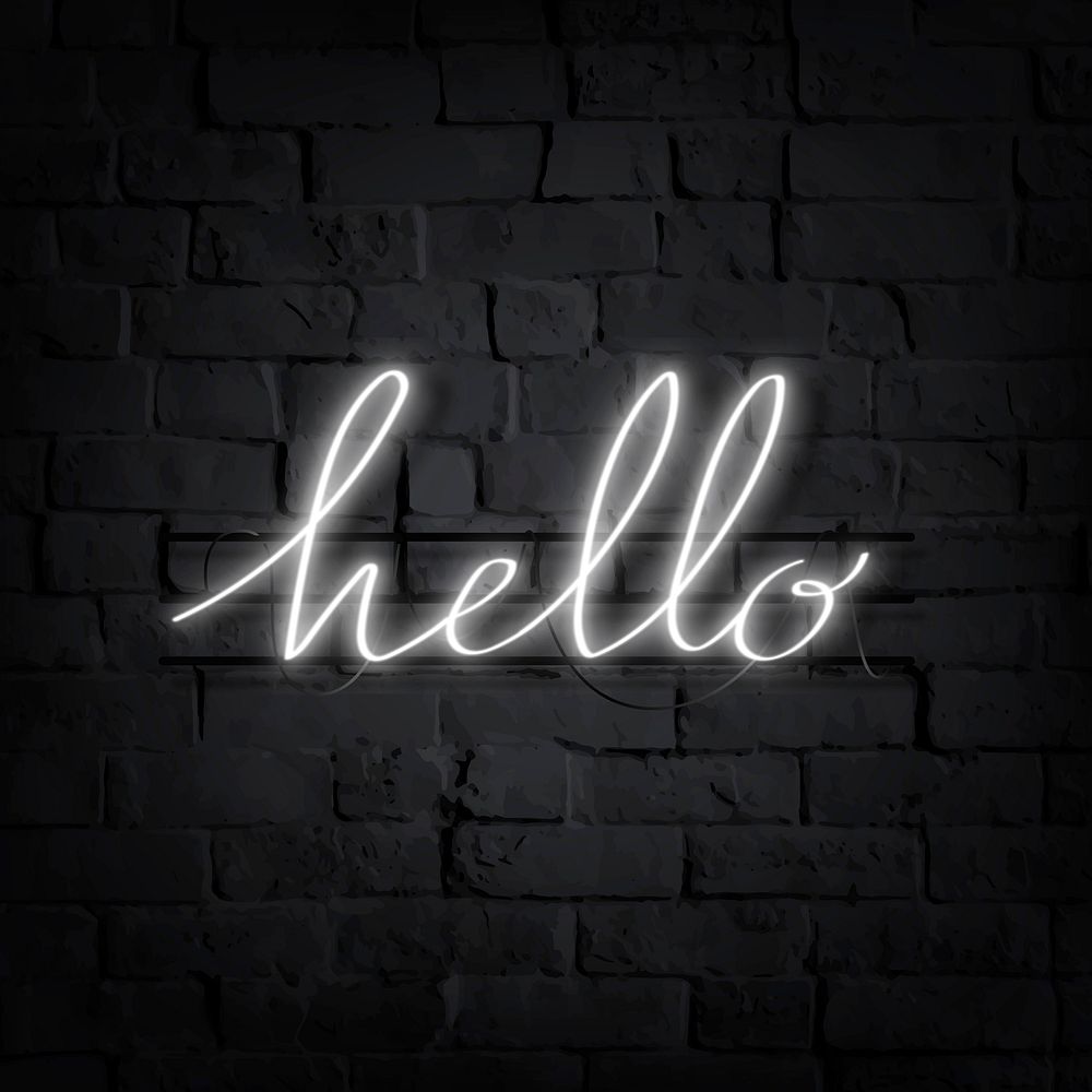 Cursive hello neon sign on a black brick wall vector