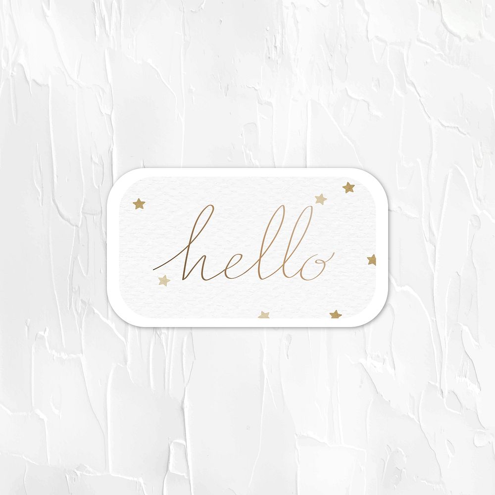 Golden hello greetings typography sticker on a badge with stars vector