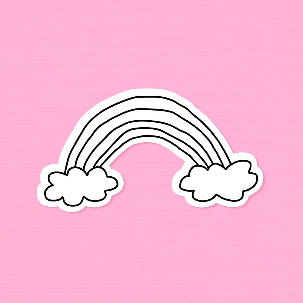 Doodle black and white rainbow journal sticker with a white border on a pink background vector