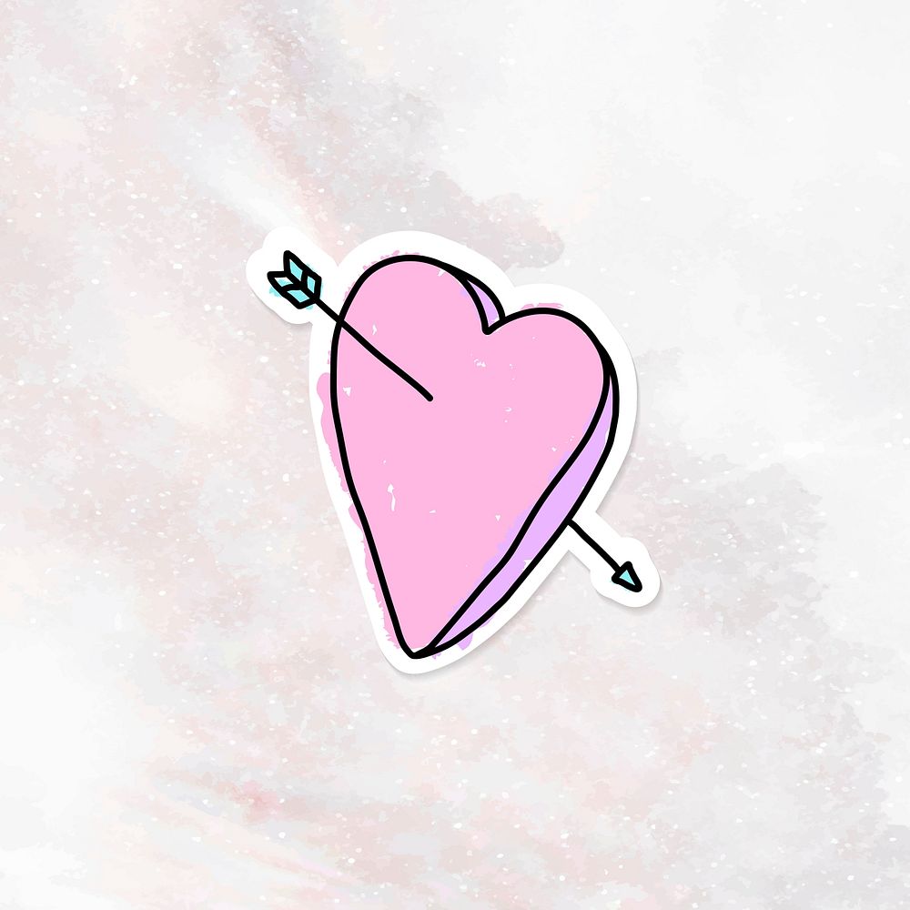 Doodle pink heart with an arrow journal sticker on a marble background vector