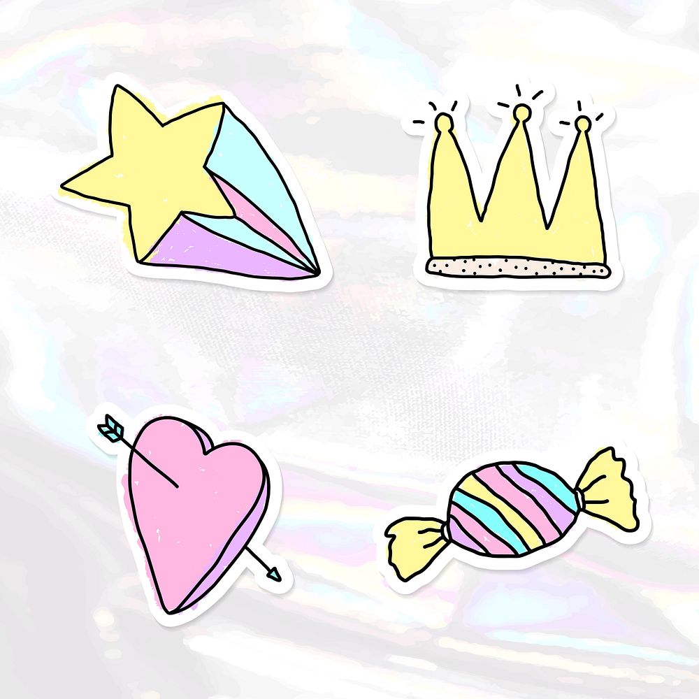  Cute pastel doodle sticker with a white border set on a holographic background vector