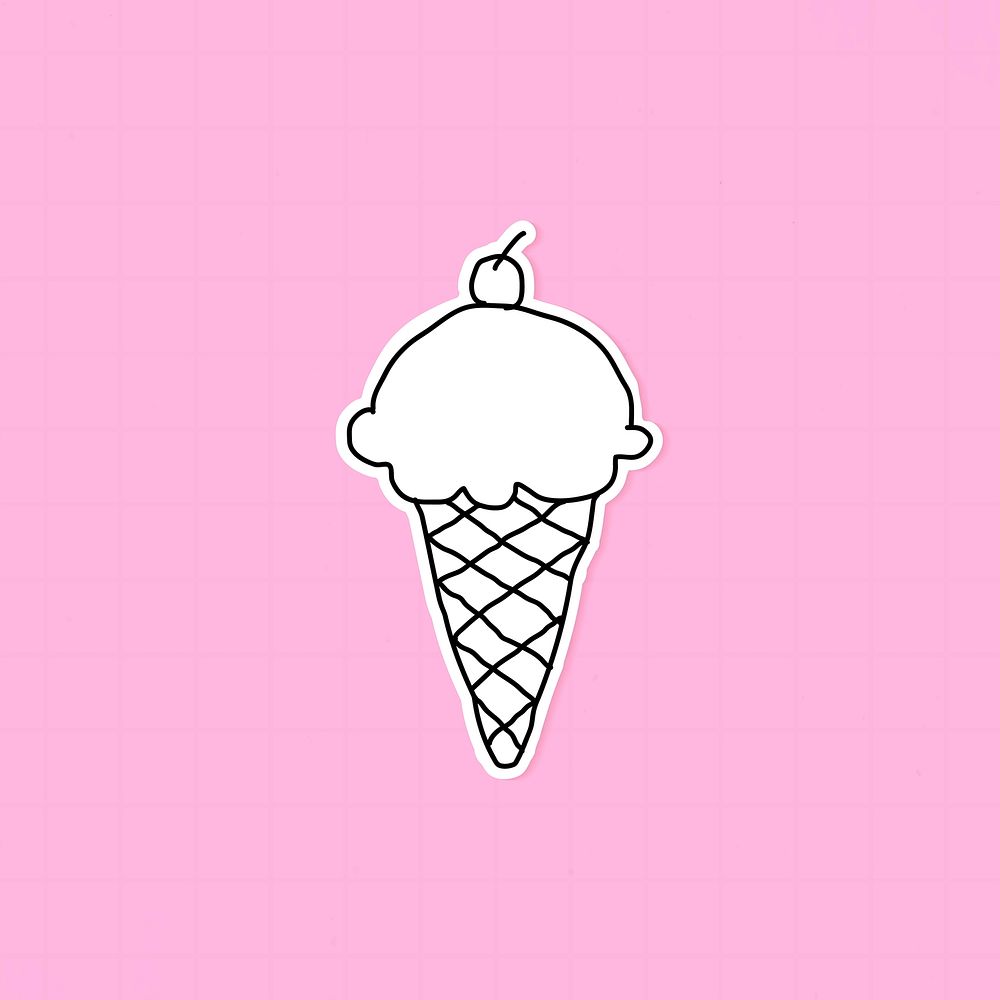 Doodle ice cream in a cone journal sticker with a white border on a pink background vector
