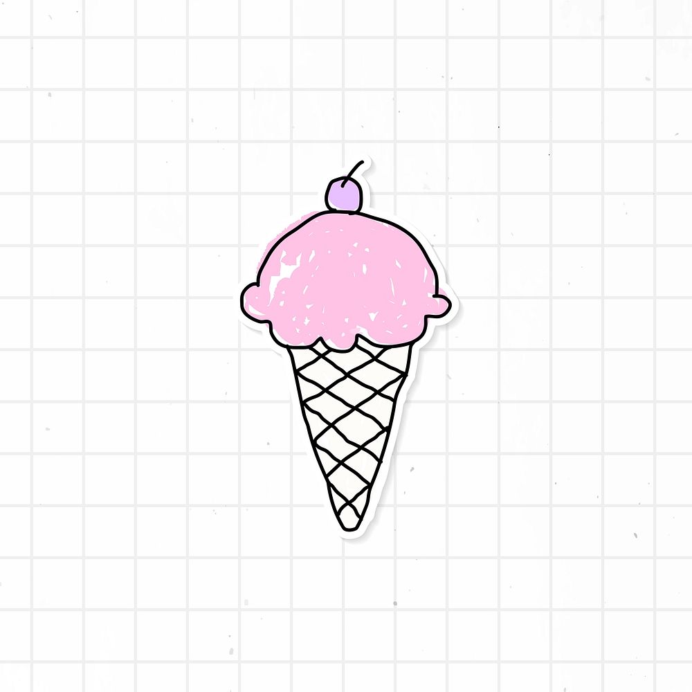 Doodle strawberry ice cream in a waffle cone journal sticker with a white border on a grid background vector