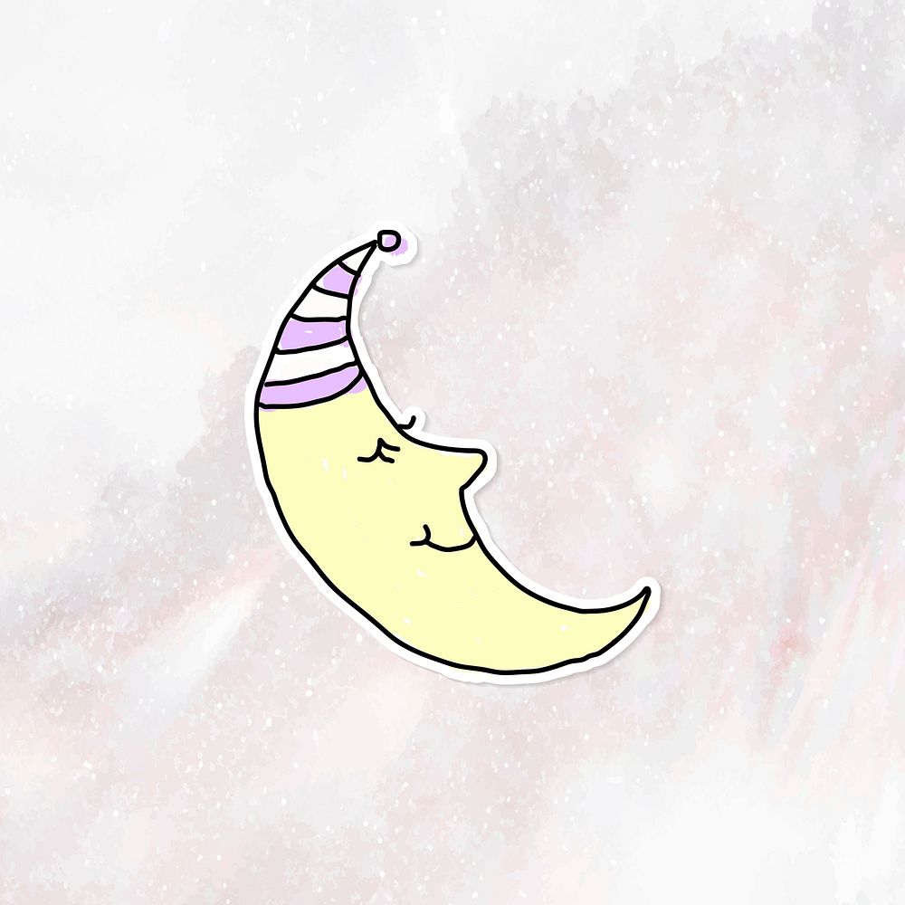 Doodle sleeping crescent moon journal sticker with a white border on a marble background vector