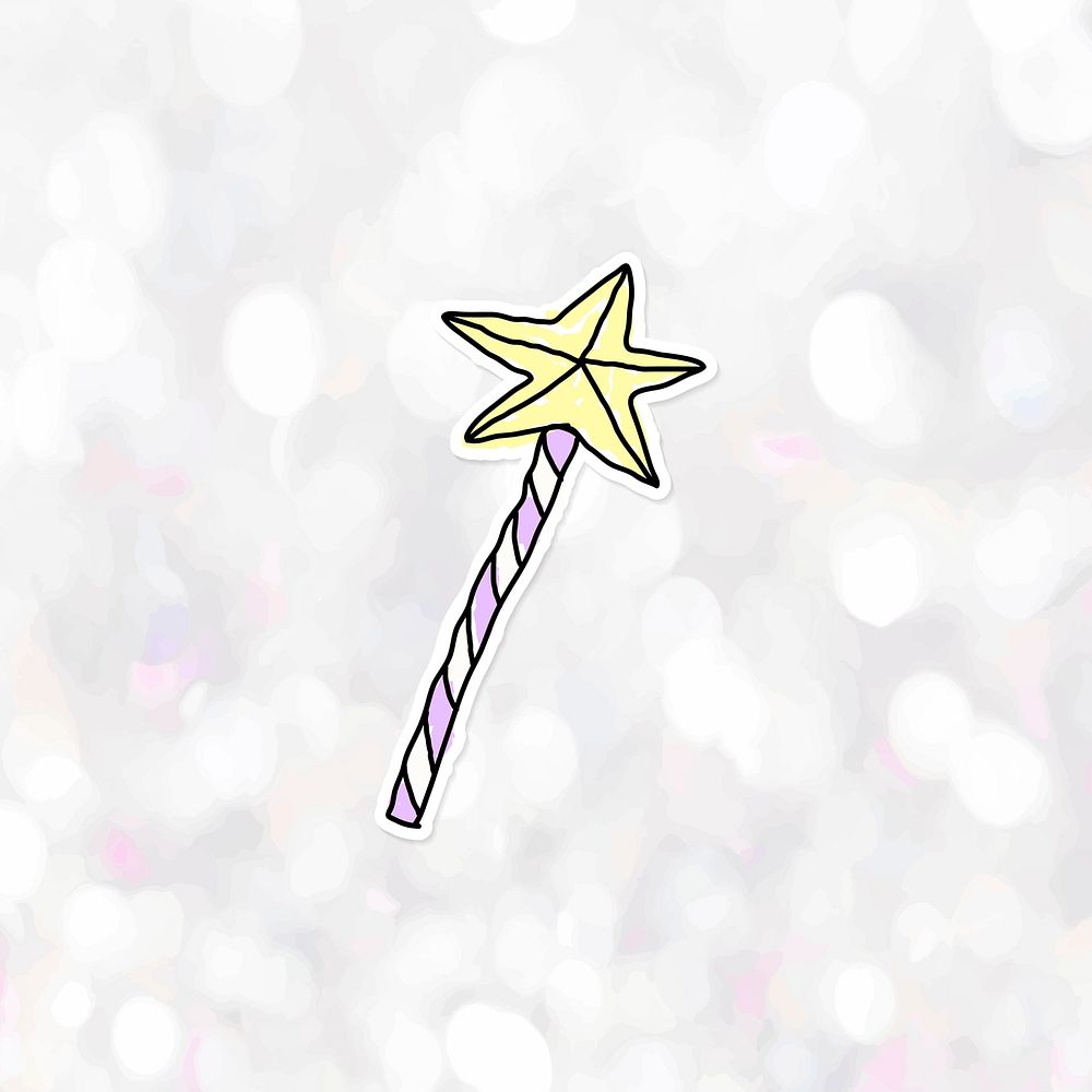 Doodle star fairy wand journal sticker with a white border on a bokeh background vector