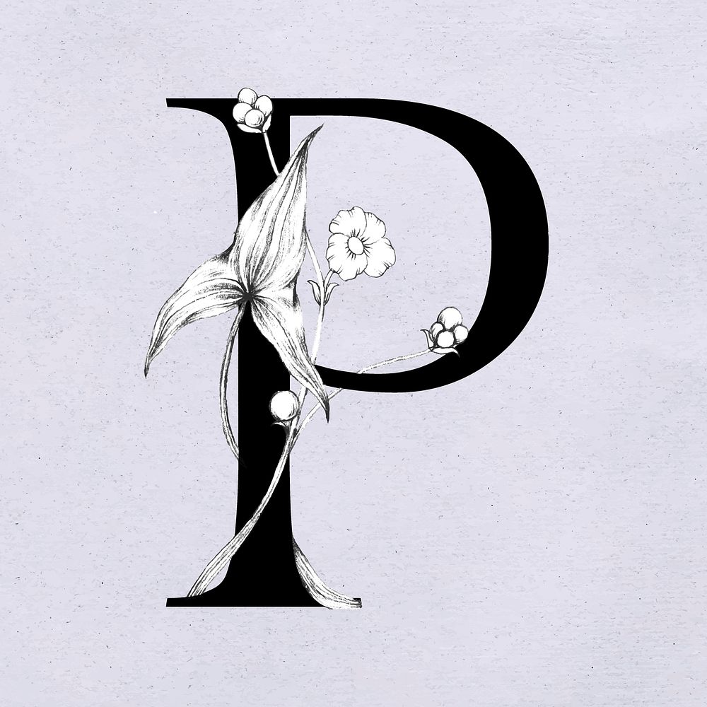 Floral p letter font vector romantic typography