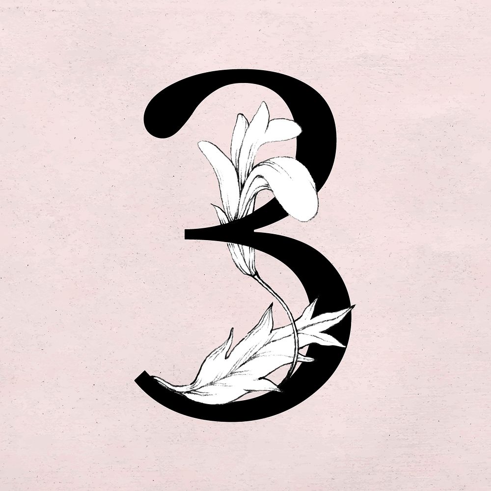 Vector number 3 font floral decorated typography