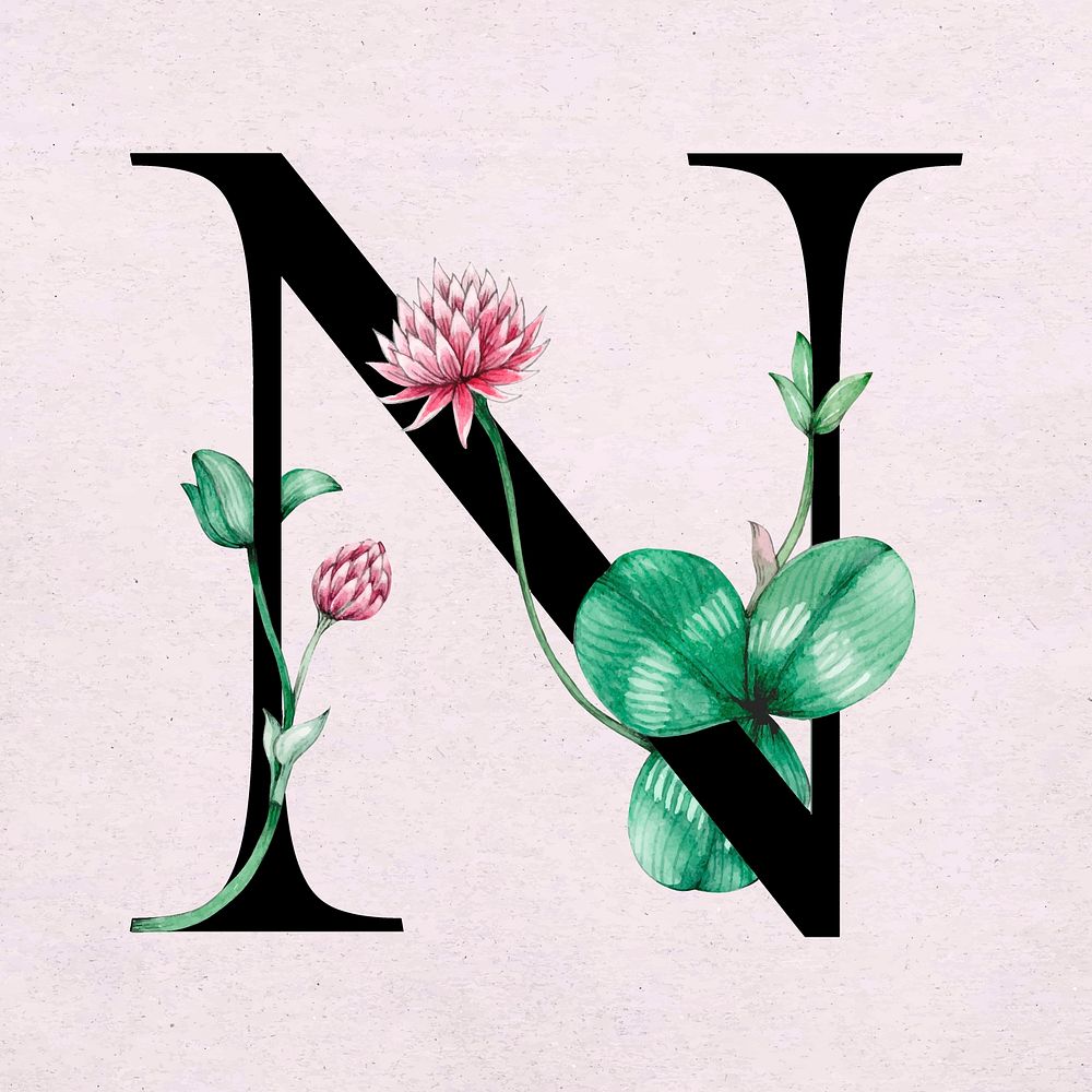 Floral n letter font vector romantic typography