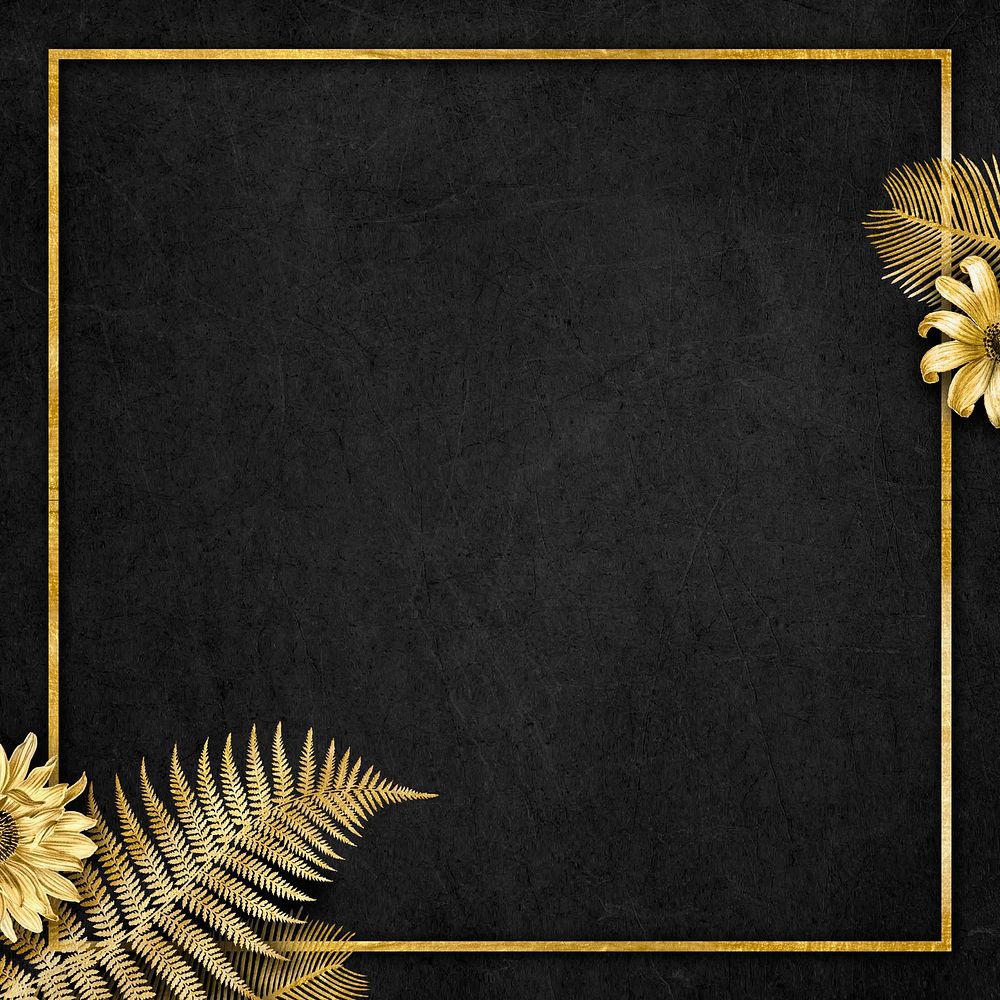 Sunflower palm leaf gold frame on black textured background