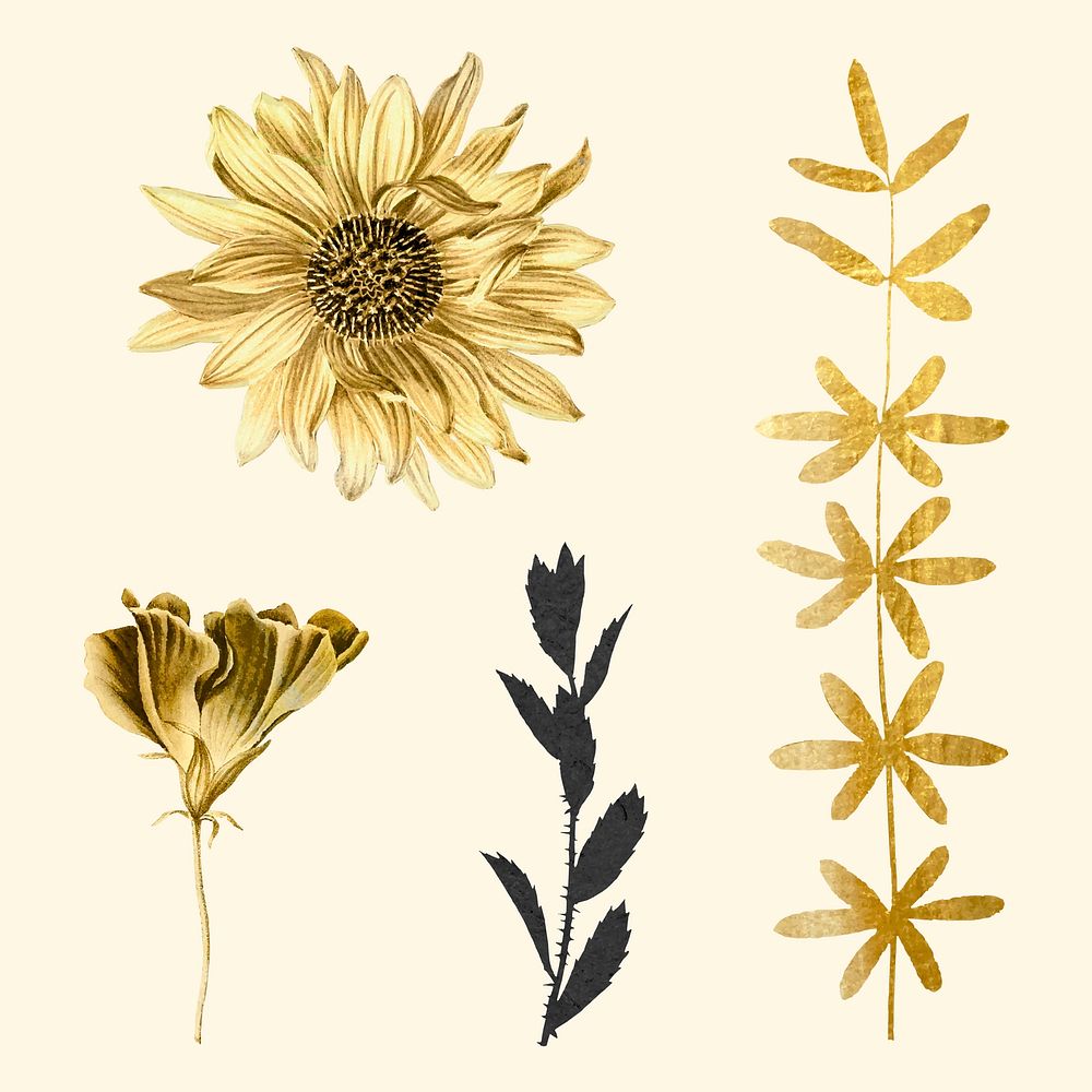 Vintage vector leaf and flowers golden botanical sticker collection