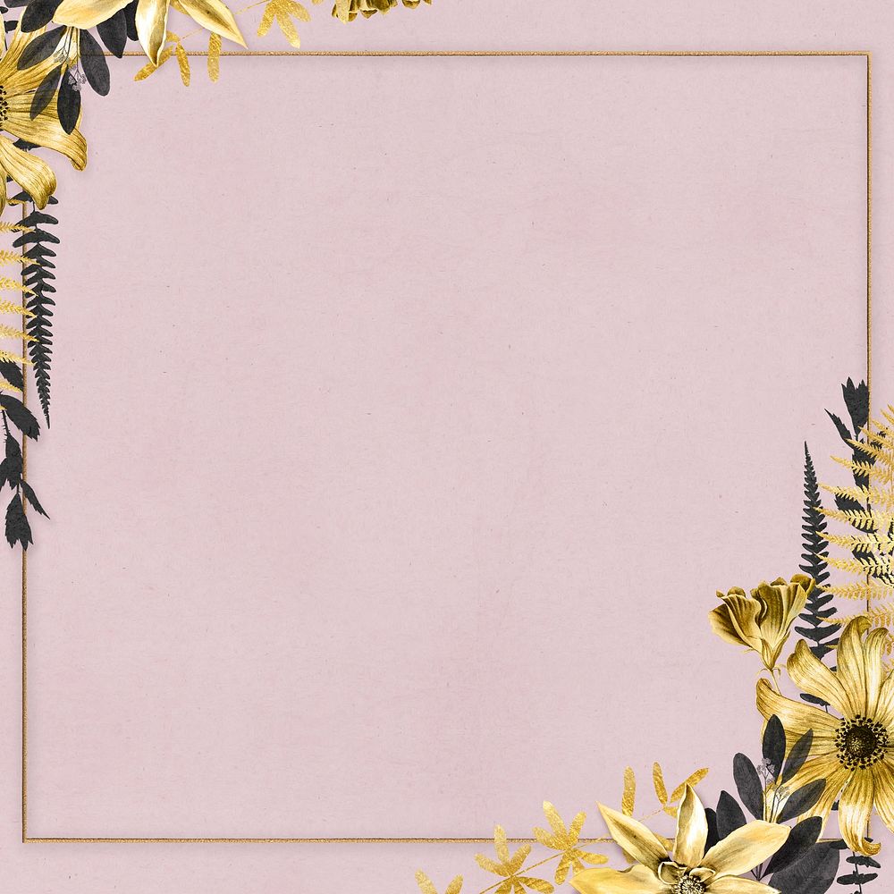 Vintage flowers gold frame illustration pink background