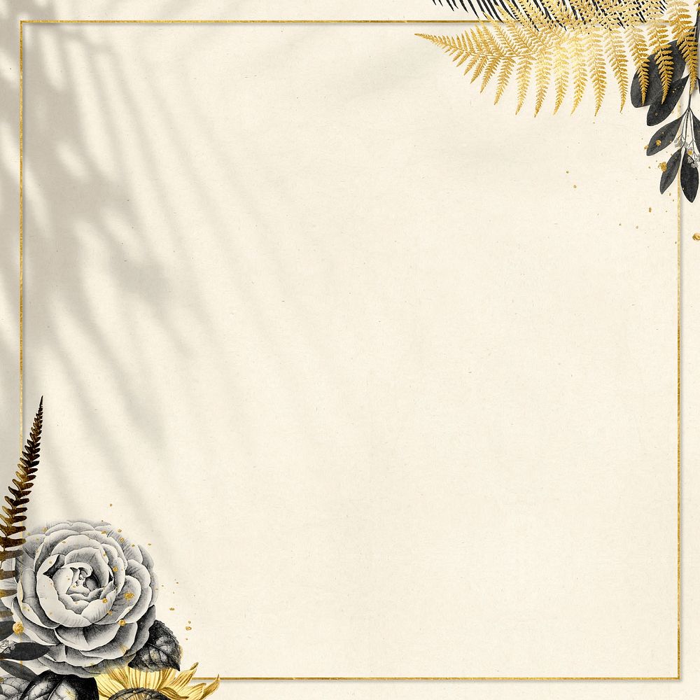 Camellia fern leaf gold frame on beige textured background